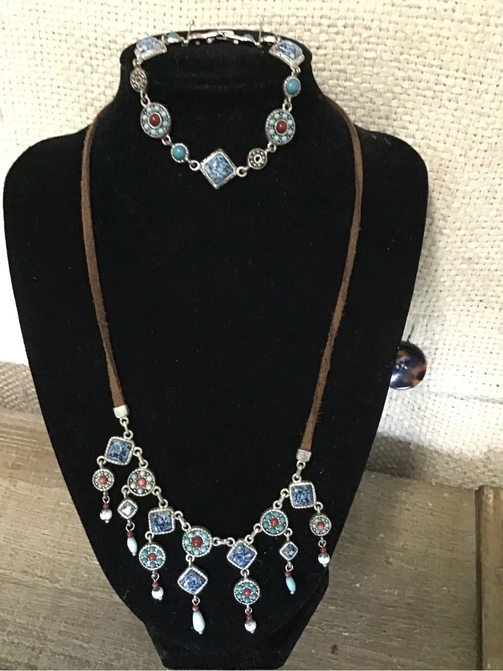 Boho Turquoise & Coral Pendant Necklace with Brown Suede Cord